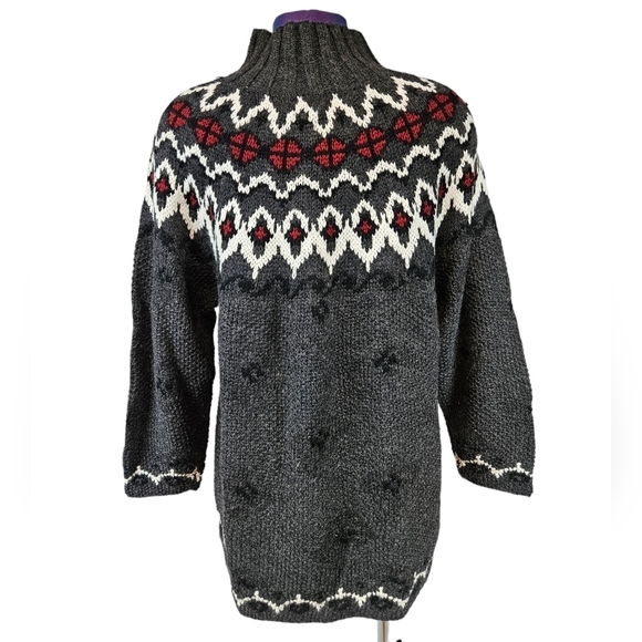 Moda Int'l Burgundy & Gray Nordic Fair Isle Mock Neck Sweater Women's Medium D47 - Picture 5 of 8